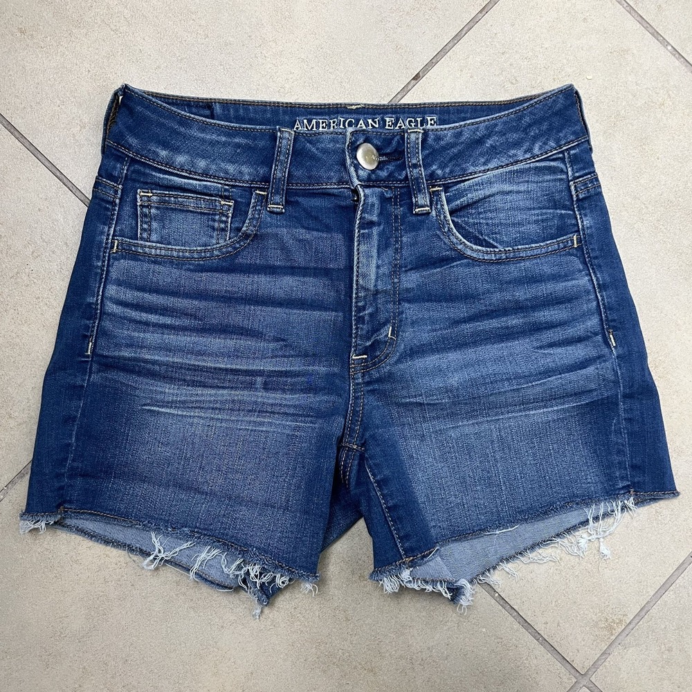 American Eagle High Waisted Denim Cut Off Shorts Dark Wash Raw Hem Womens 00